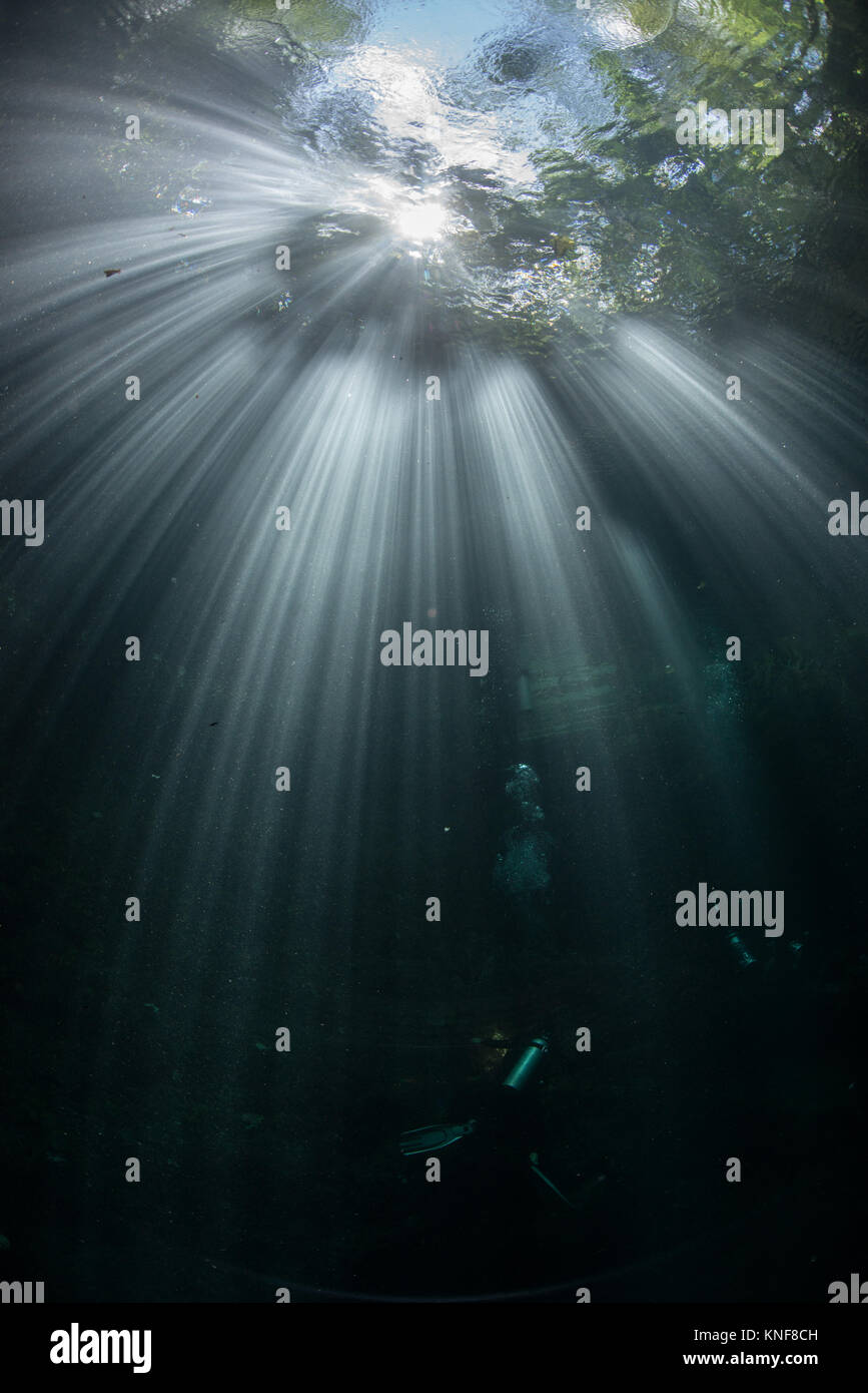 Sun rays through jungle canopy and surface on fresh water spring Stock Photo