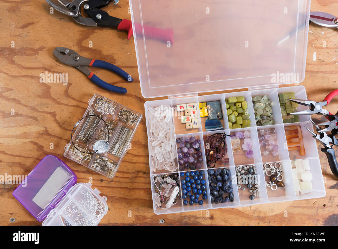 Jewellery makers tools on workbench, overhead view Stock Photo Alamy
