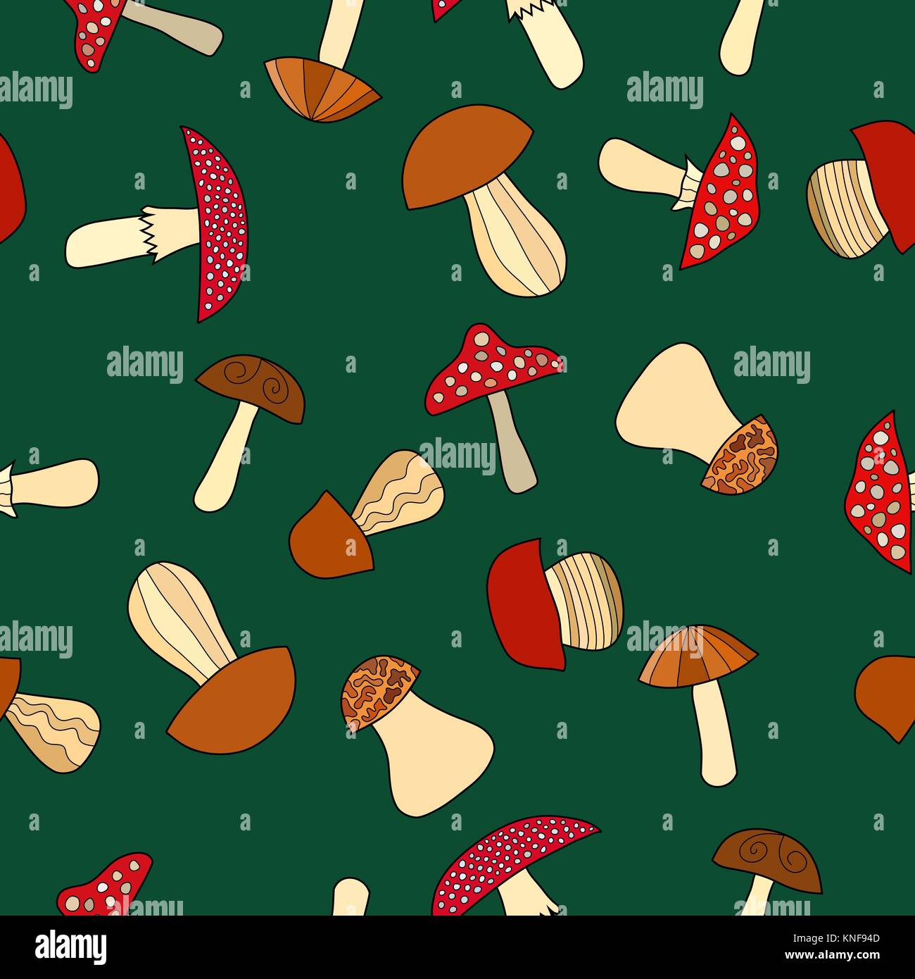 abstract vector doodle mushroom seamless pattern on green background