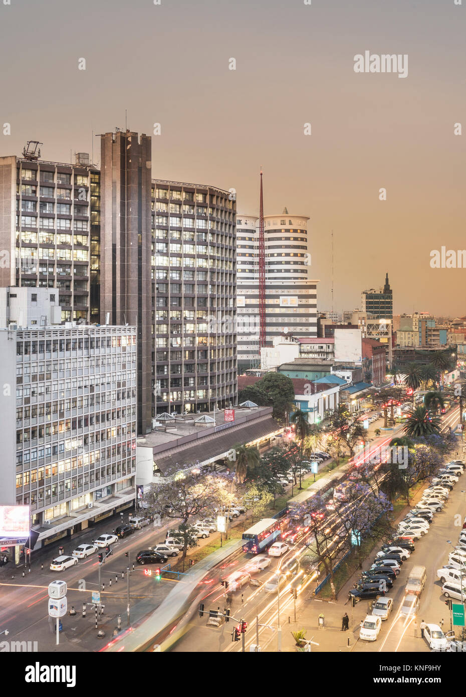 Modern buildings downtown Nairobi, at dusk, Nairobi Area, Kenya, Africa Stock Photo