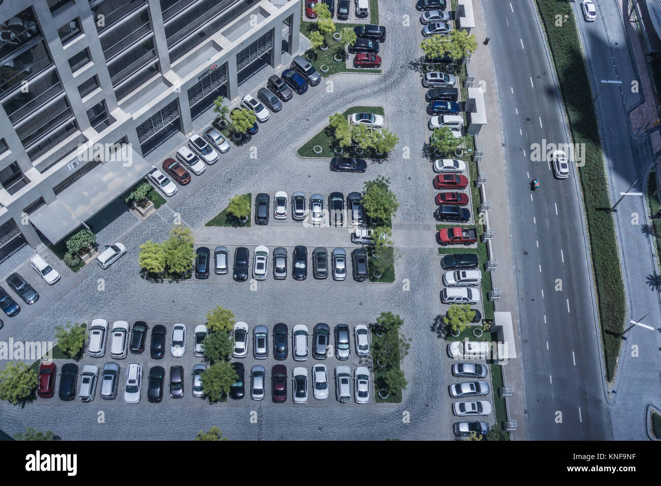 Aerial view of parking lot and highway, Dubai, United Arab Emirates Stock Photo