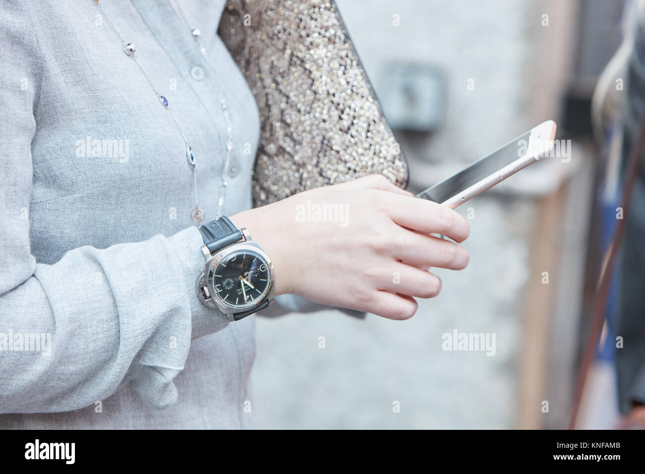 MILAN - SEPTEMBER 24: Woman with Luminor Panerai watch before Trussardi  fashion show, Milan Fashion Week street style on September 24, 2017 in  Milan Stock Photo - Alamy