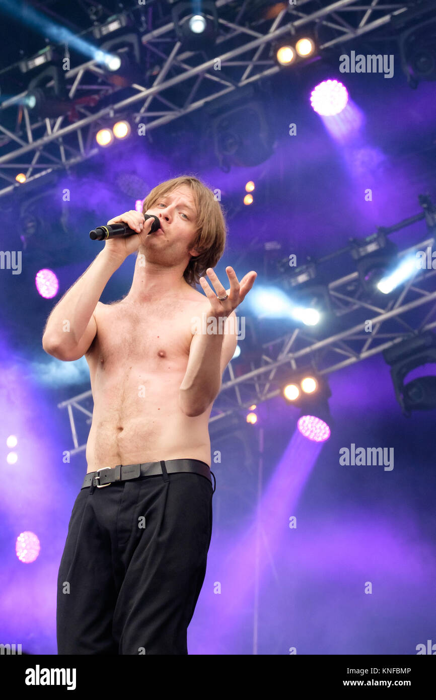 The Swedish rock band Mando Diao performs a live concert at the Swiss music festival Rock the Ring 2016 in Hinwil. Here vocalist Björn Dixgård is seen live on stage. Switzerland, 19/06 2016. Stock Photo