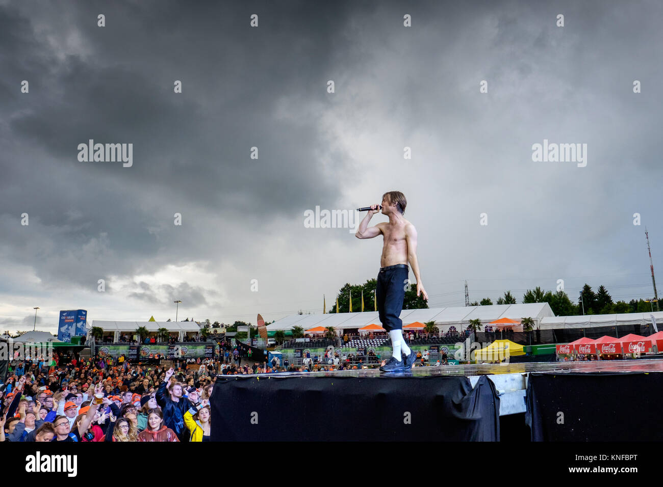 The Swedish rock band Mando Diao performs a live concert at the Swiss music festival Rock the Ring 2016 in Hinwil. Here vocalist Björn Dixgård is seen live on stage. Switzerland, 19/06 2016. Stock Photo