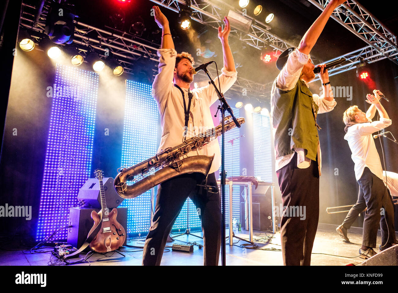 The Swedish band Movits performs a live concert at Dynamo Club in Zürich.  Here singer and musician Johan Rensfeldt is seen live on stage with  saxofonist Joakim Nilsson. Switzerland, 19/02 2016 Stock