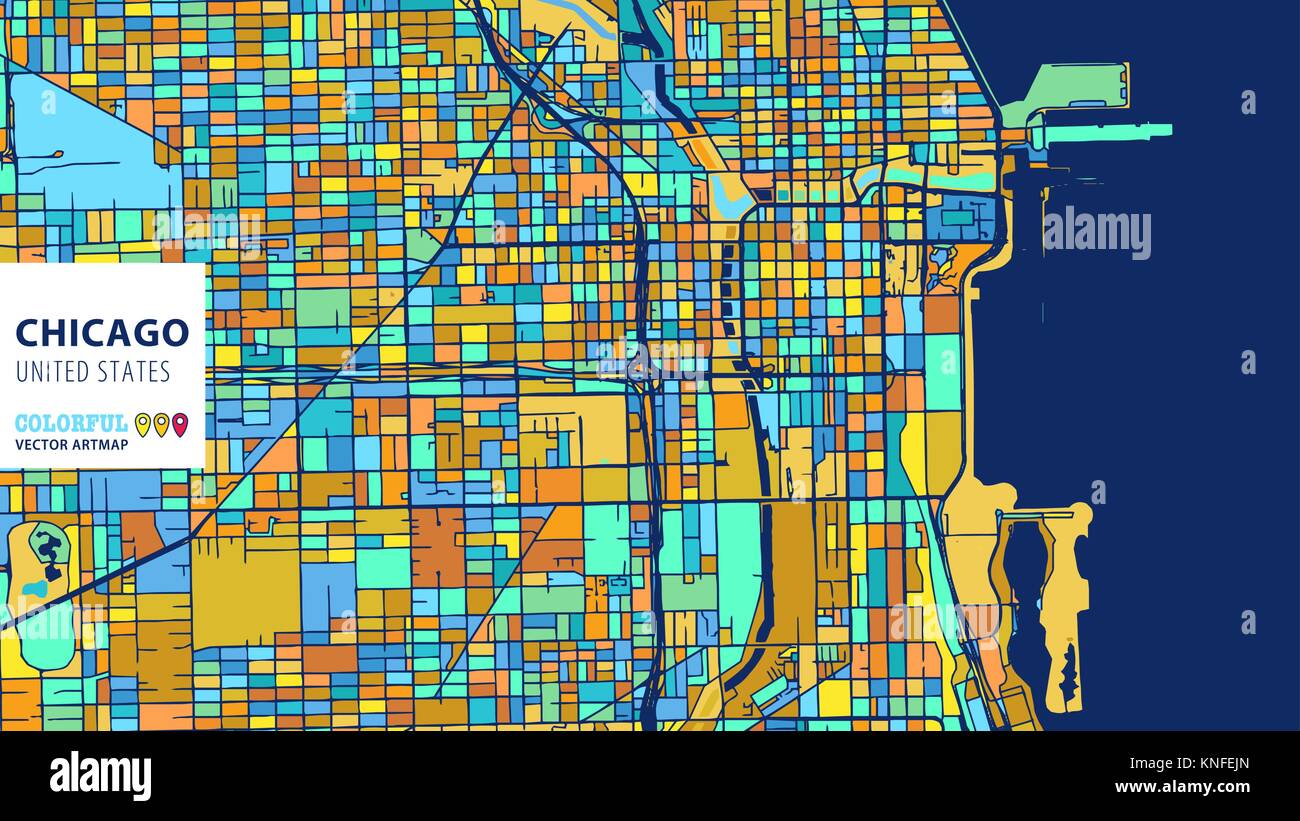 Chicago infographic hi res stock - Chicagounited States Colorful Vector Artmap Blue Orange Yellow Version KNFEJN