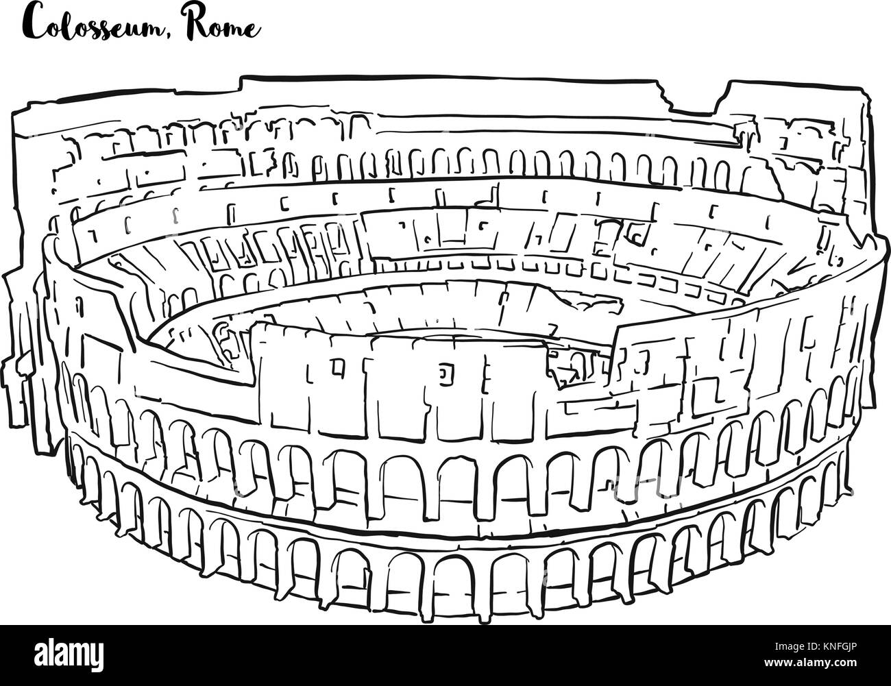 Rome Colosseum hand drawn sketch. Vector outline version top view from back Stock Vector