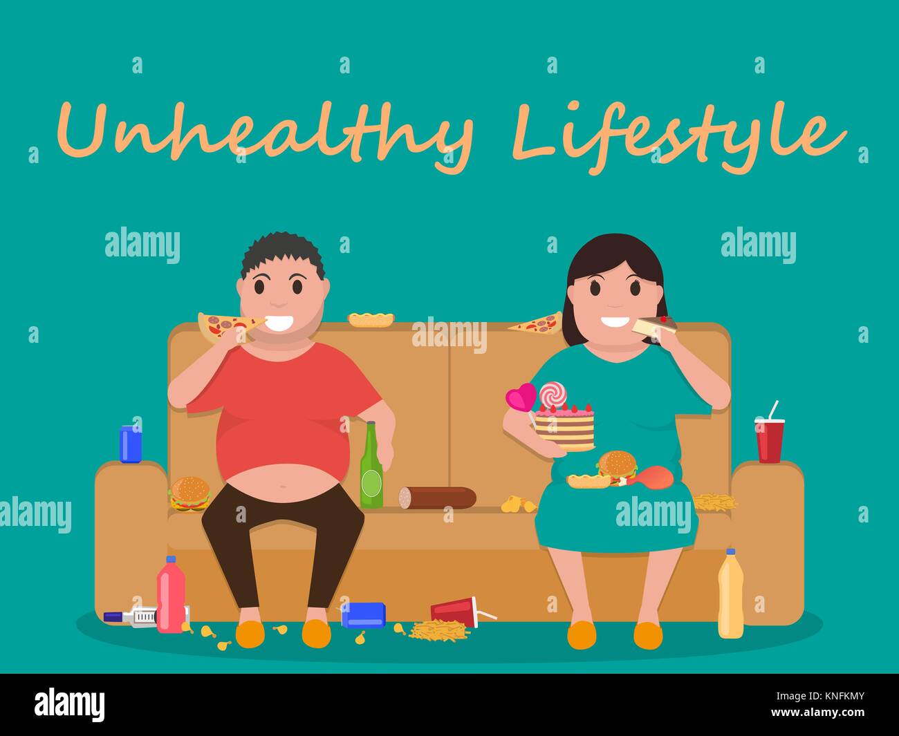 Vector unhealthy lifestyle, human laziness, obese Stock Vector