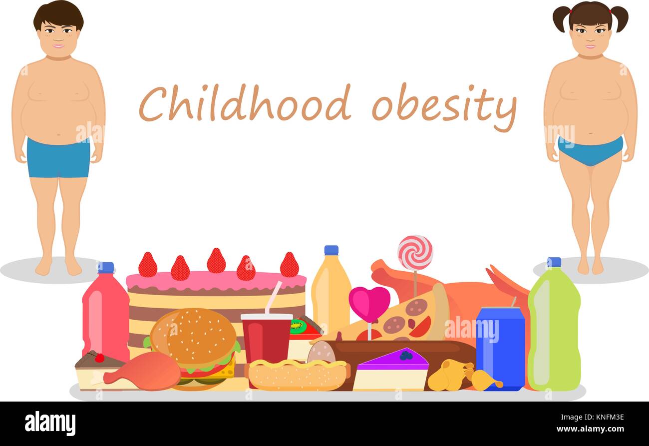 Vector cartoon childhood obesity. Children obese Stock Vector