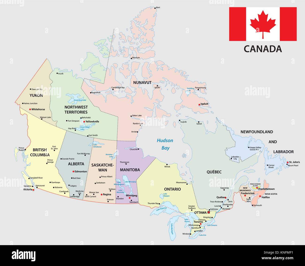 canada administrative and political map with flag Stock Vector