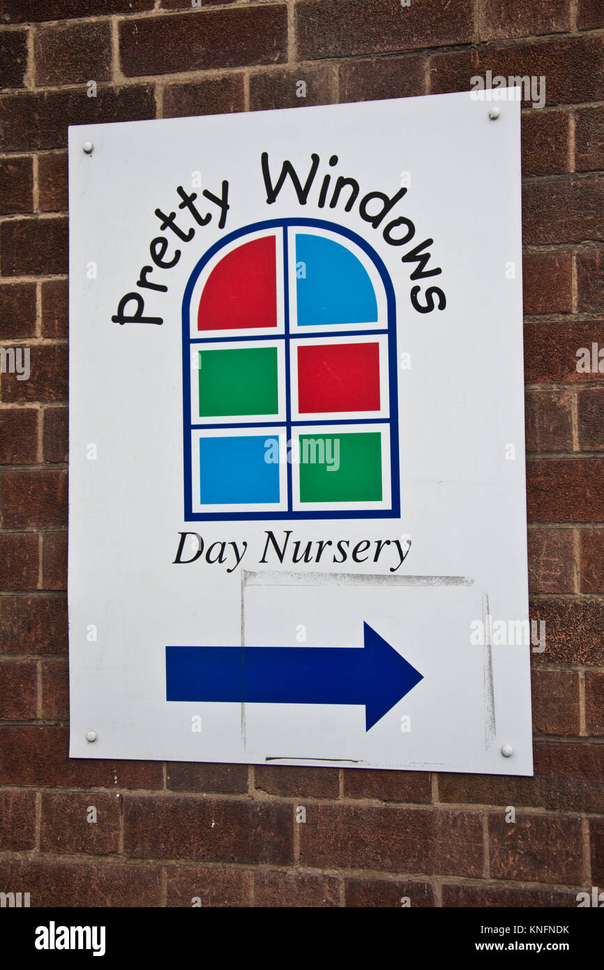 Pretty Windows day nursery sign in the Sneinton Market area of Nottingham Stock Photo