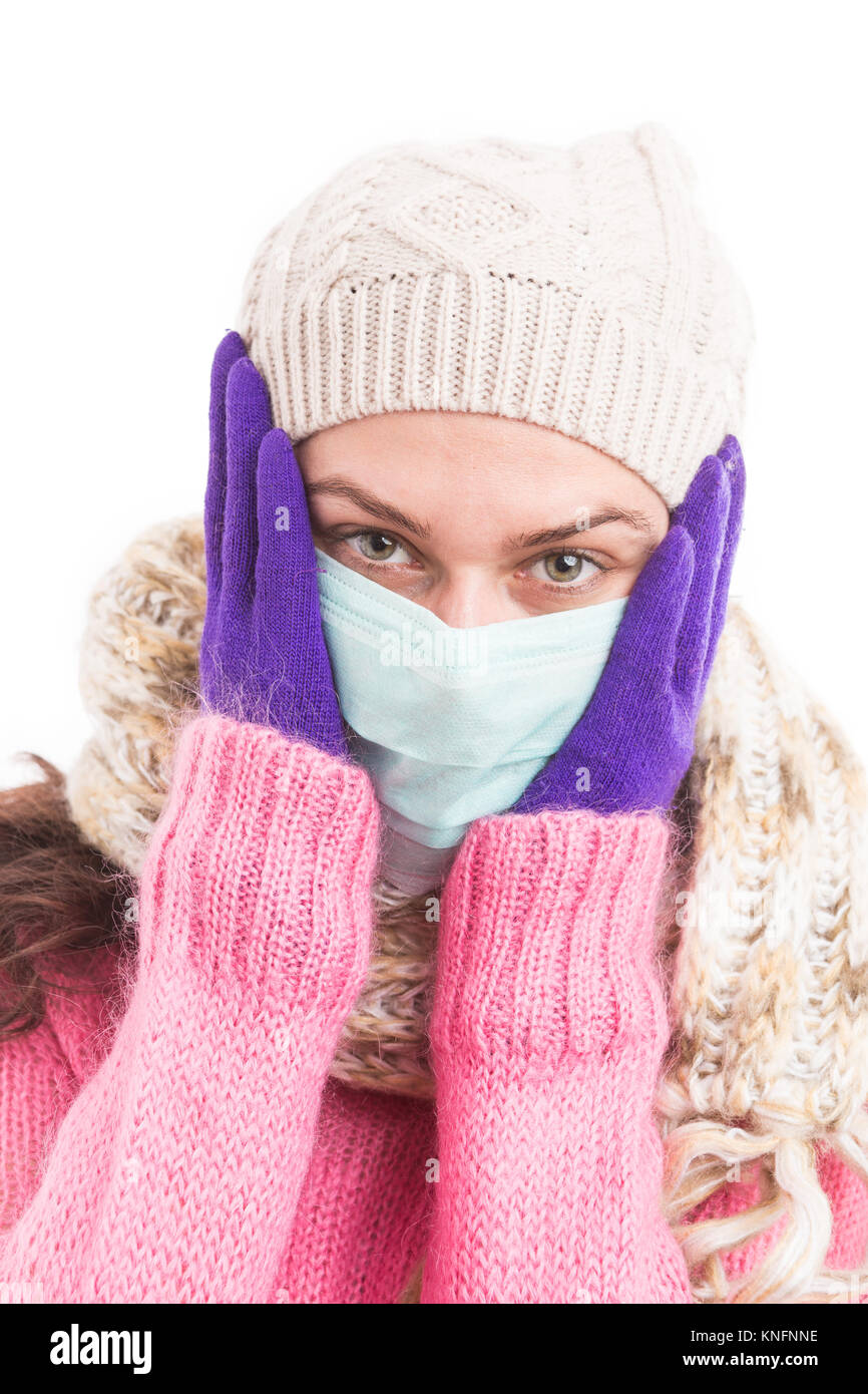 Ill woman having fever and headache because of grippe or cold influenza holding her head Stock Photo