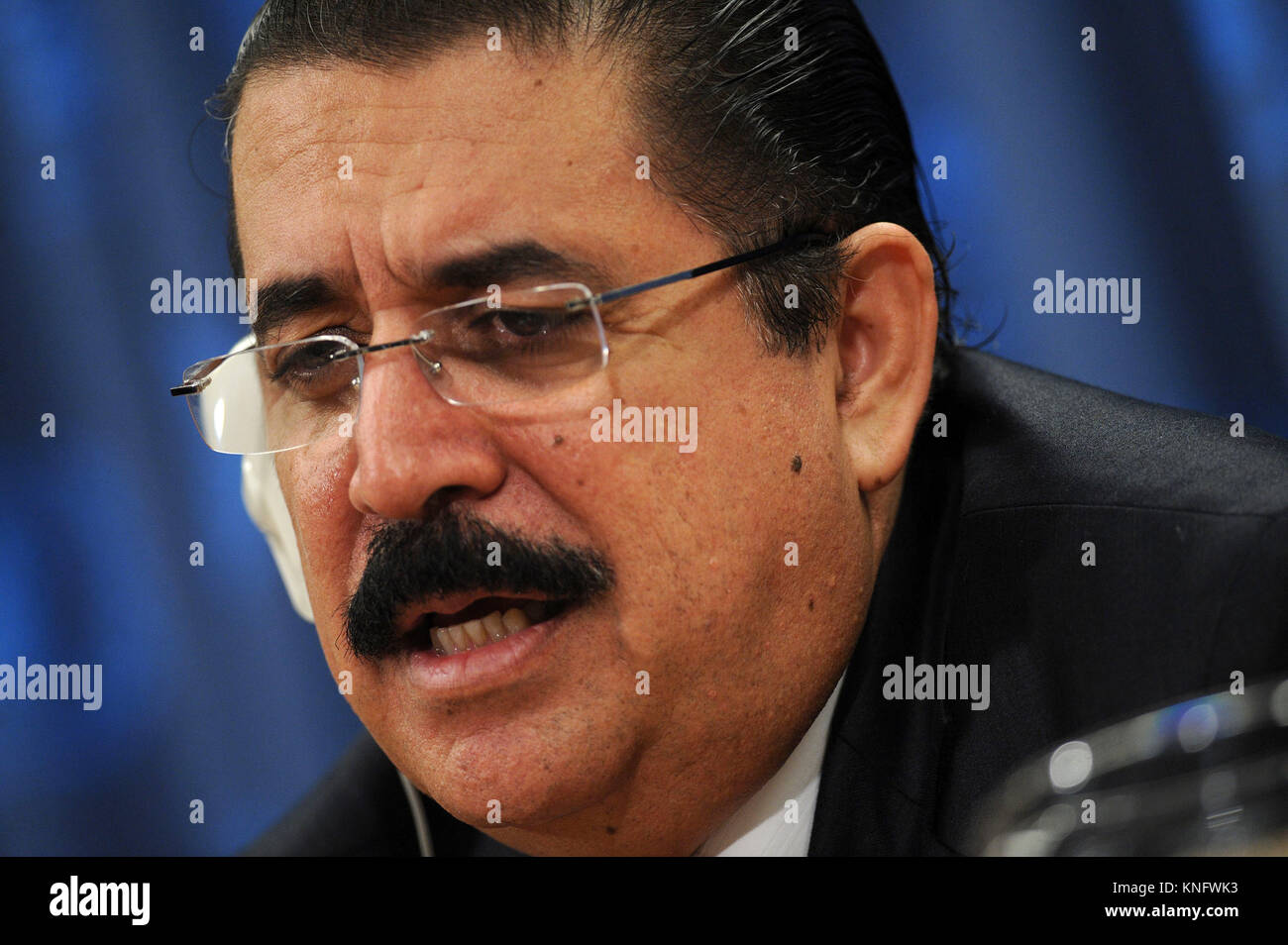 Ousted Honduran president Manuel Zelaya at a press conference at the United Nations appealing for help in his quest to return to office after a military coup in his home country removed him from power. New York City. June 30, 2009. Credit: Dennis Van Tine/MediaPunch Stock Photo
