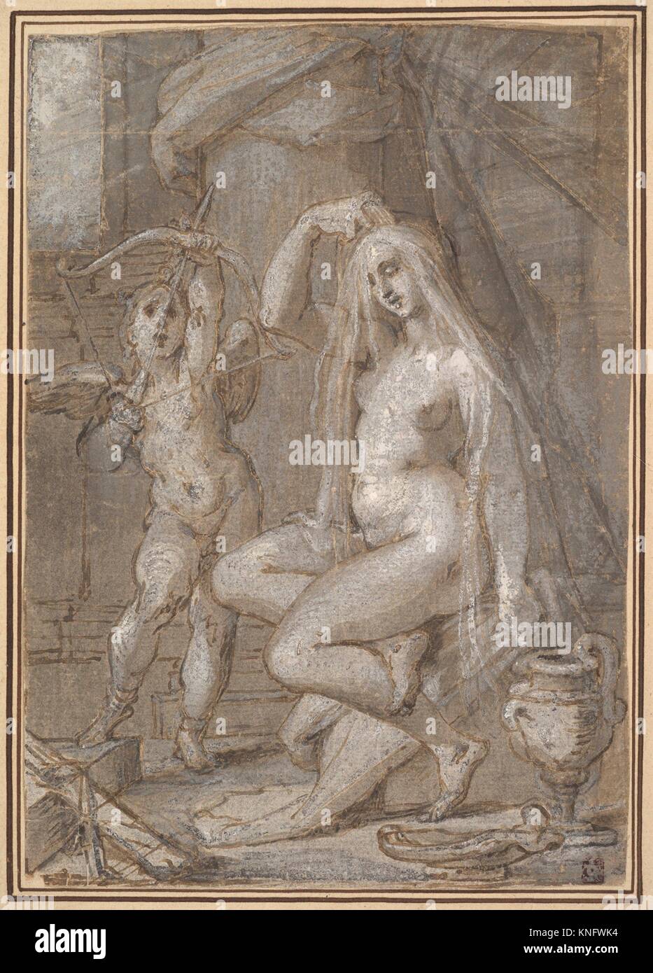 Venus and Amor. Artist: Bartholomeus Spranger (Netherlandish, Antwerp 1546-1611 Prague); Date: ca. 1585; Medium: Pen and brown ink, light and dark Stock Photo
