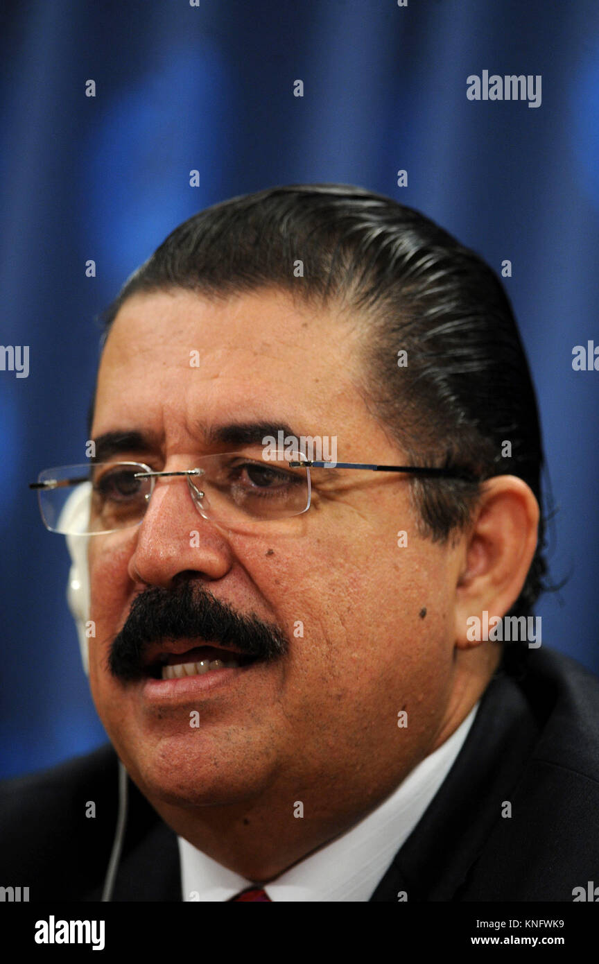 Ousted Honduran president Manuel Zelaya at a press conference at the United Nations appealing for help in his quest to return to office after a military coup in his home country removed him from power. New York City. June 30, 2009. Credit: Dennis Van Tine/MediaPunch Stock Photo