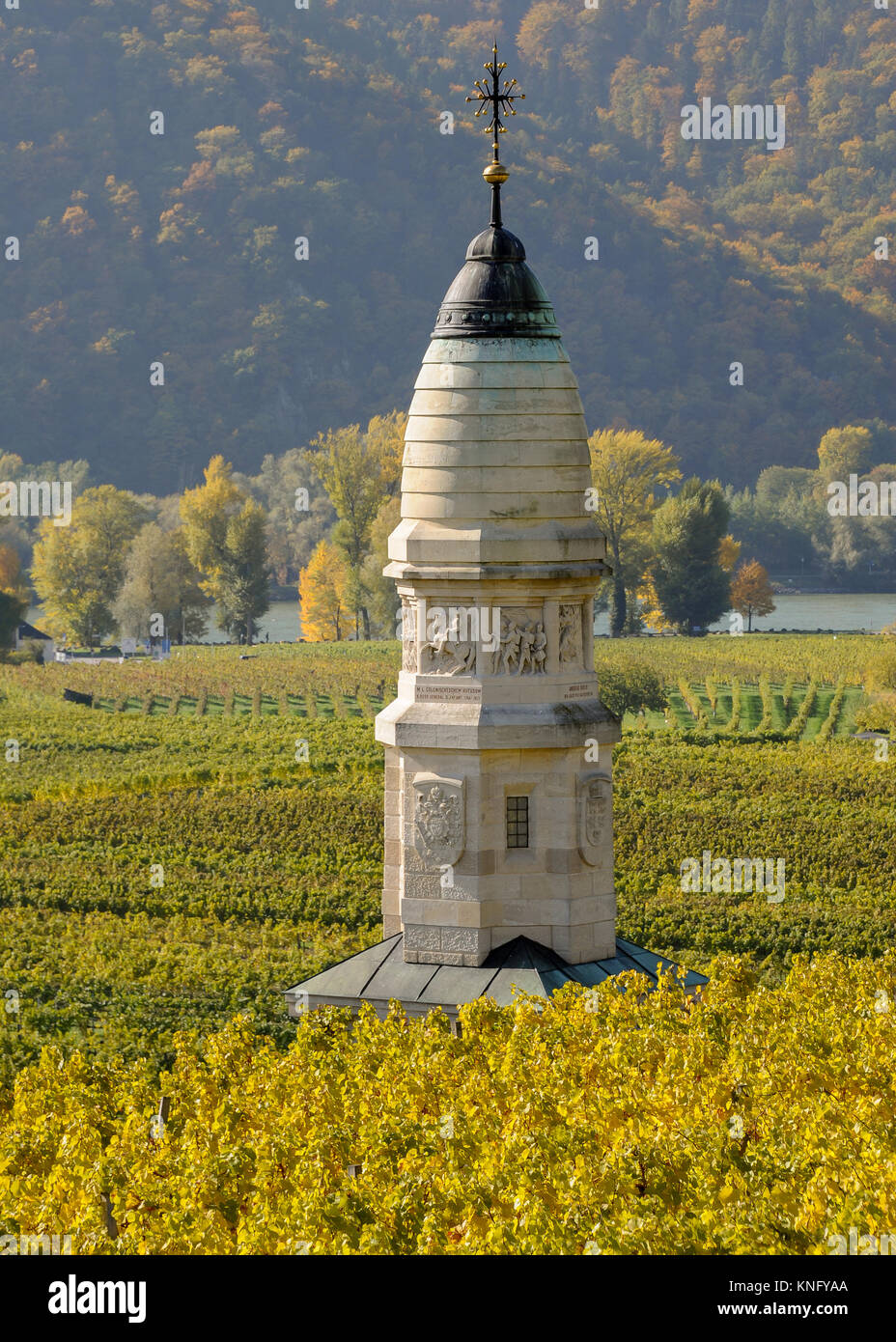 Franzosendenkmal monument near Duernstein in Wachau Austria in autumn, colored leaves Stock Photo