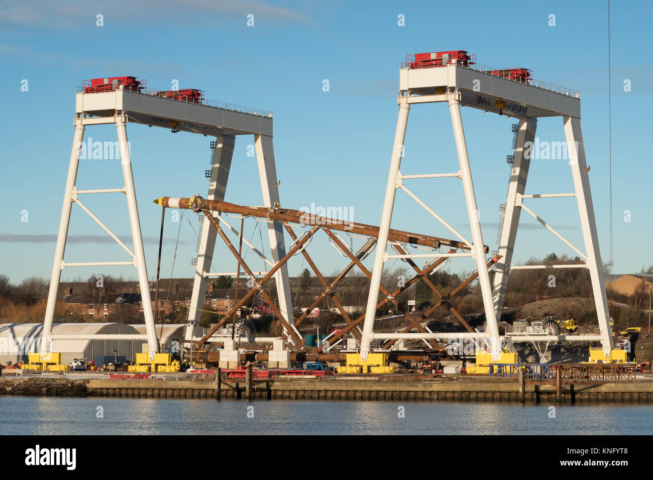 Offshore wind turbine support being built at Smulders Hadrian Yard on the Tyne, Wallsend, north east England, UK Stock Photo
