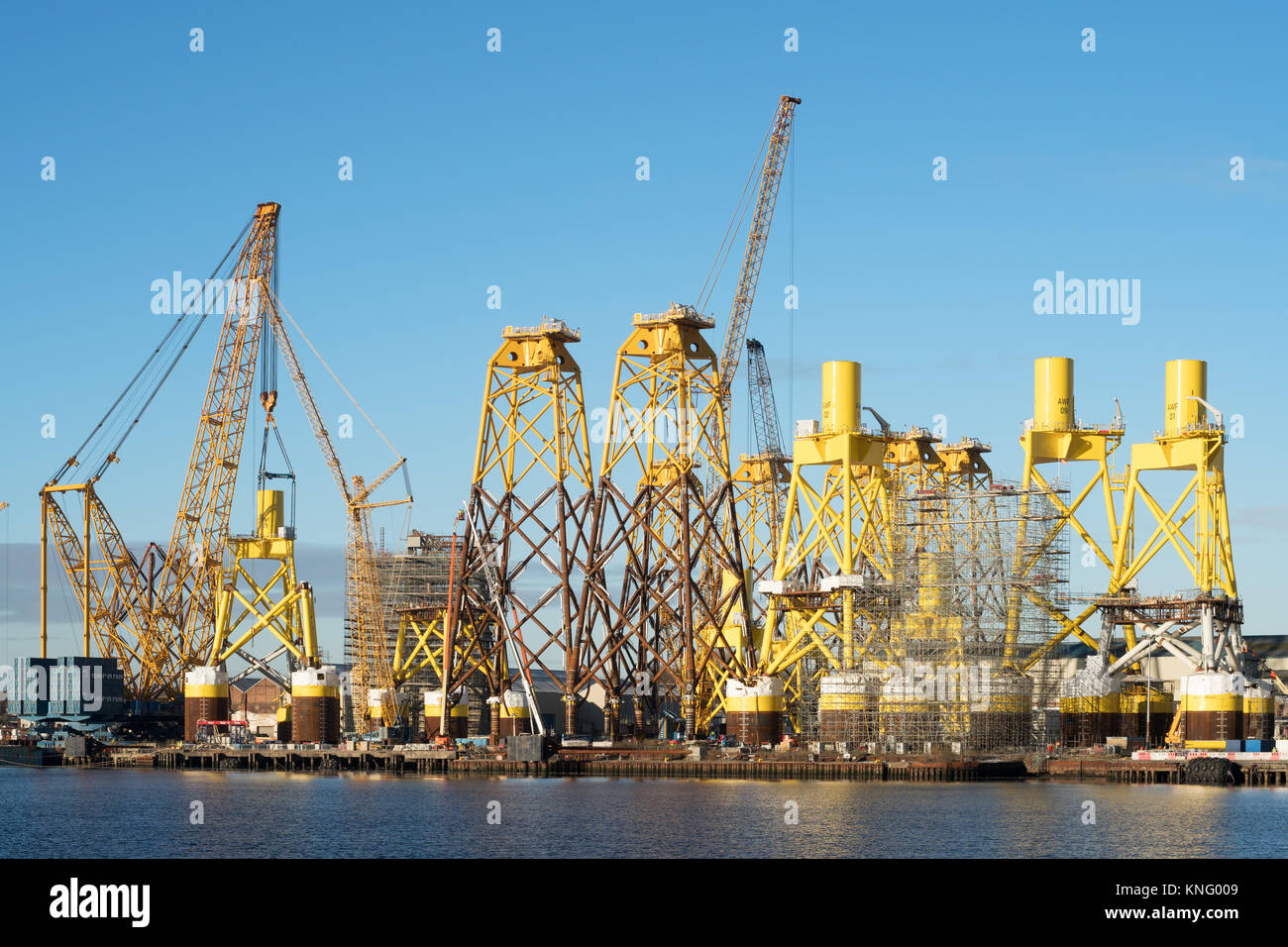 Offshore wind turbine supports being built at Smulders Hadrian Yard on the Tyne, Wallsend, north east England, UK Stock Photo