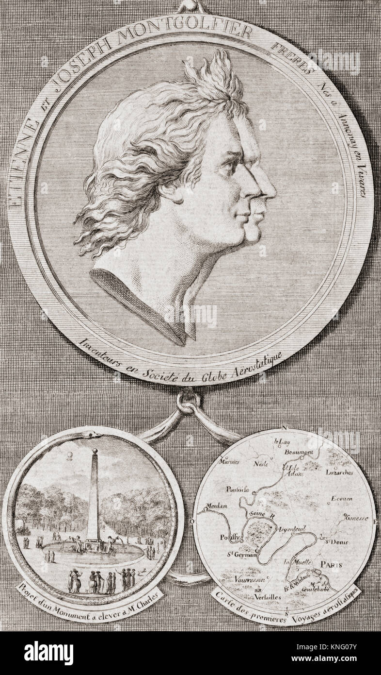 Medallion commemorating the French Montgolfier brothers, inventors of the Montgolfière-style hot air balloon, globe aérostatique.  Jacques-Étienne Montgolfier, 1745 – 1799, and Joseph-Michel Montgolfier, 1740 – 1810. After a 19th century print. Stock Photo