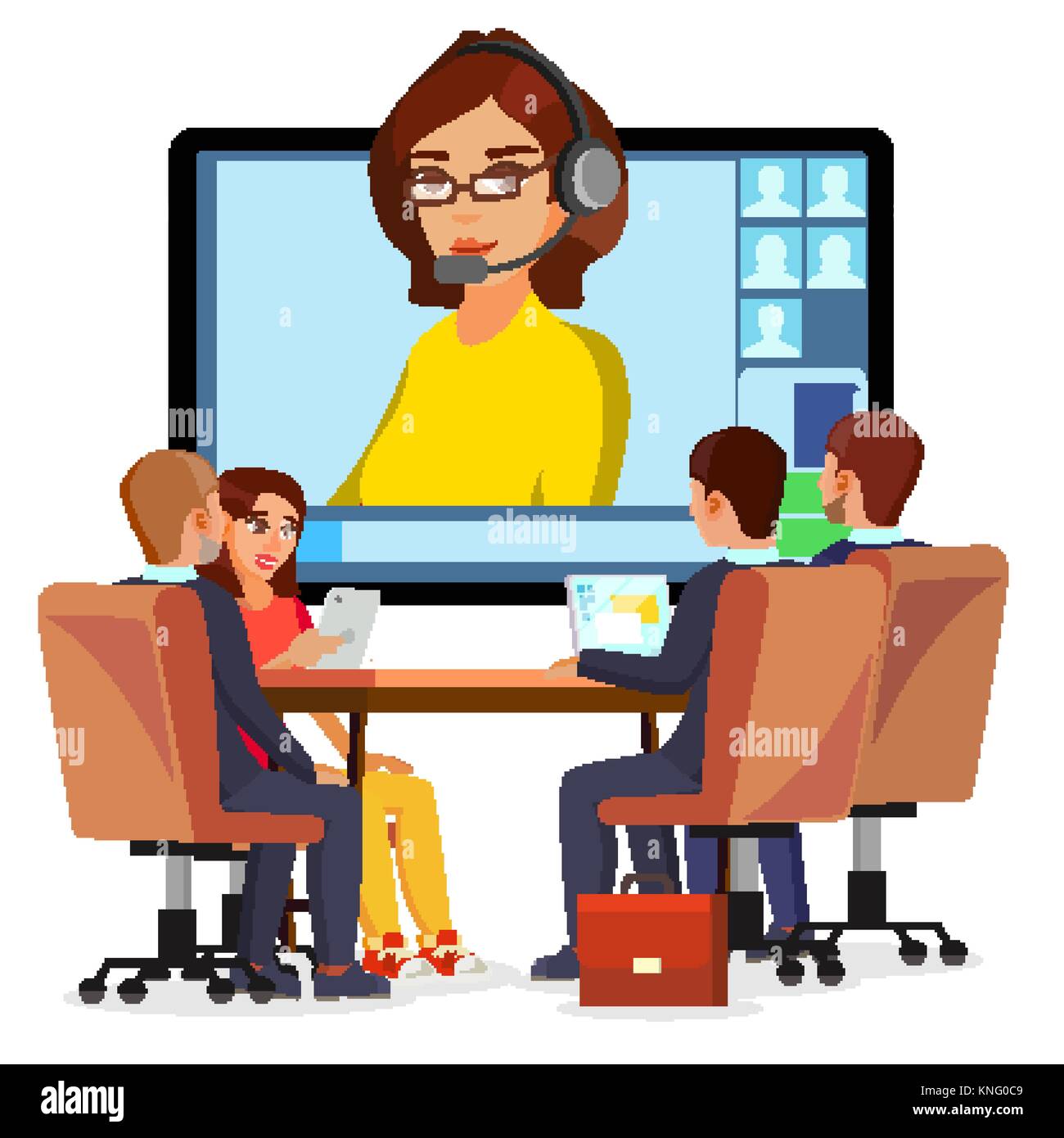 Video Meeting Online Vector. Woman And Chat. Ceo And Employees
