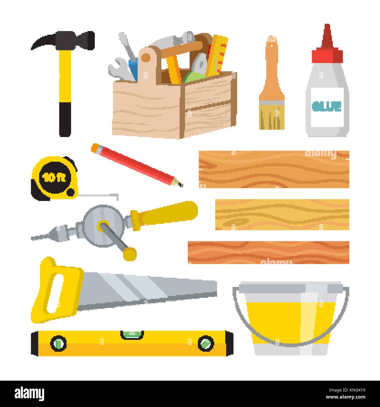 Carpentry And Woodwork Tools Set Vector. Repair And Building