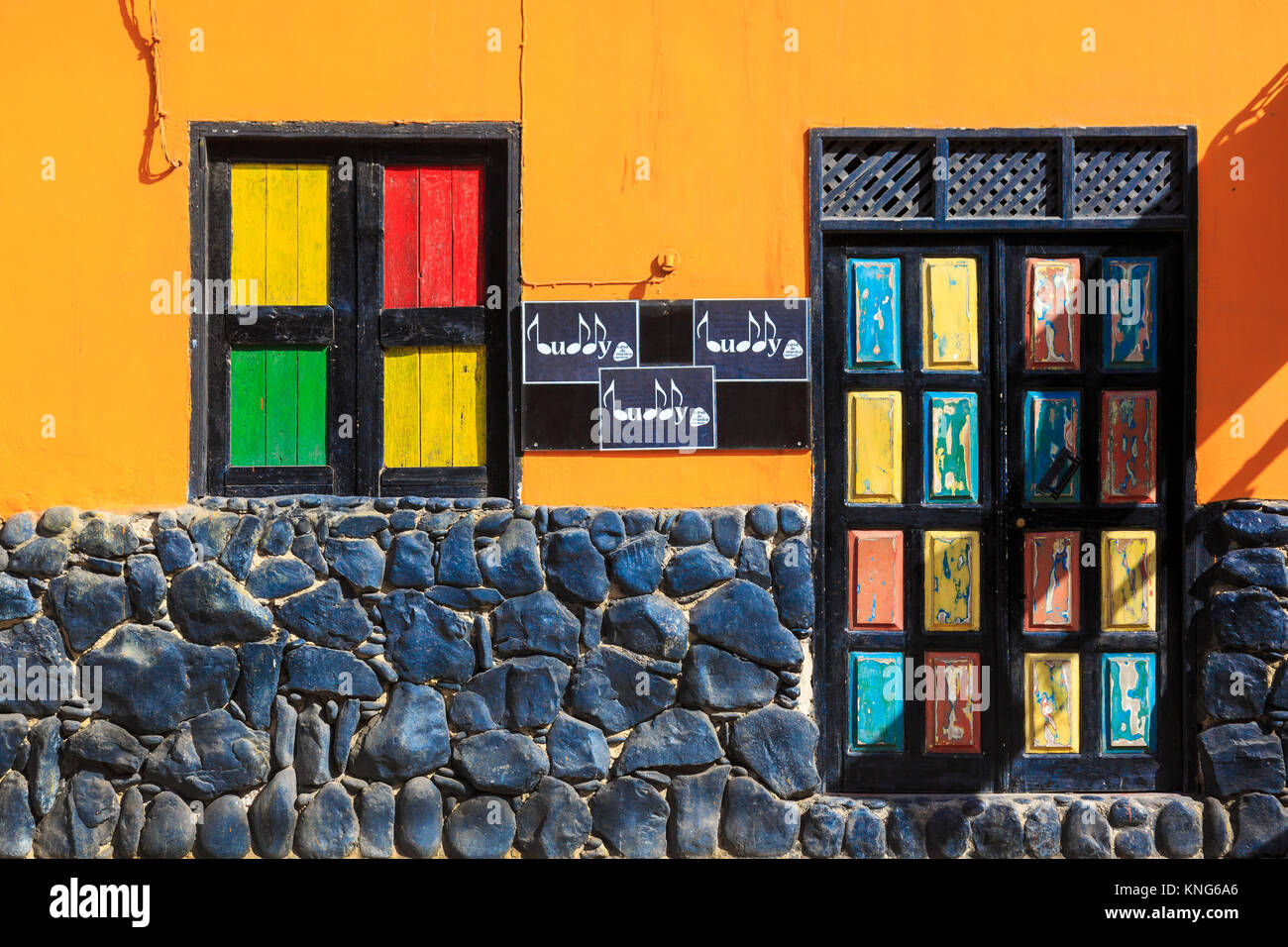 Colourful wall outside a local pub restaurant in Santa Maria, Cape Verde, Africa Stock Photo