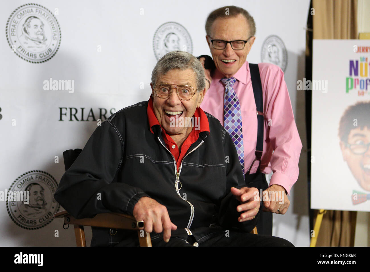 Jerry Lewis (L) and Larry King attend the Friars Club celebration of Jerry Lewis and the 50th anniversary 'The Nutty Professor' on June 5, 2014. Stock Photo