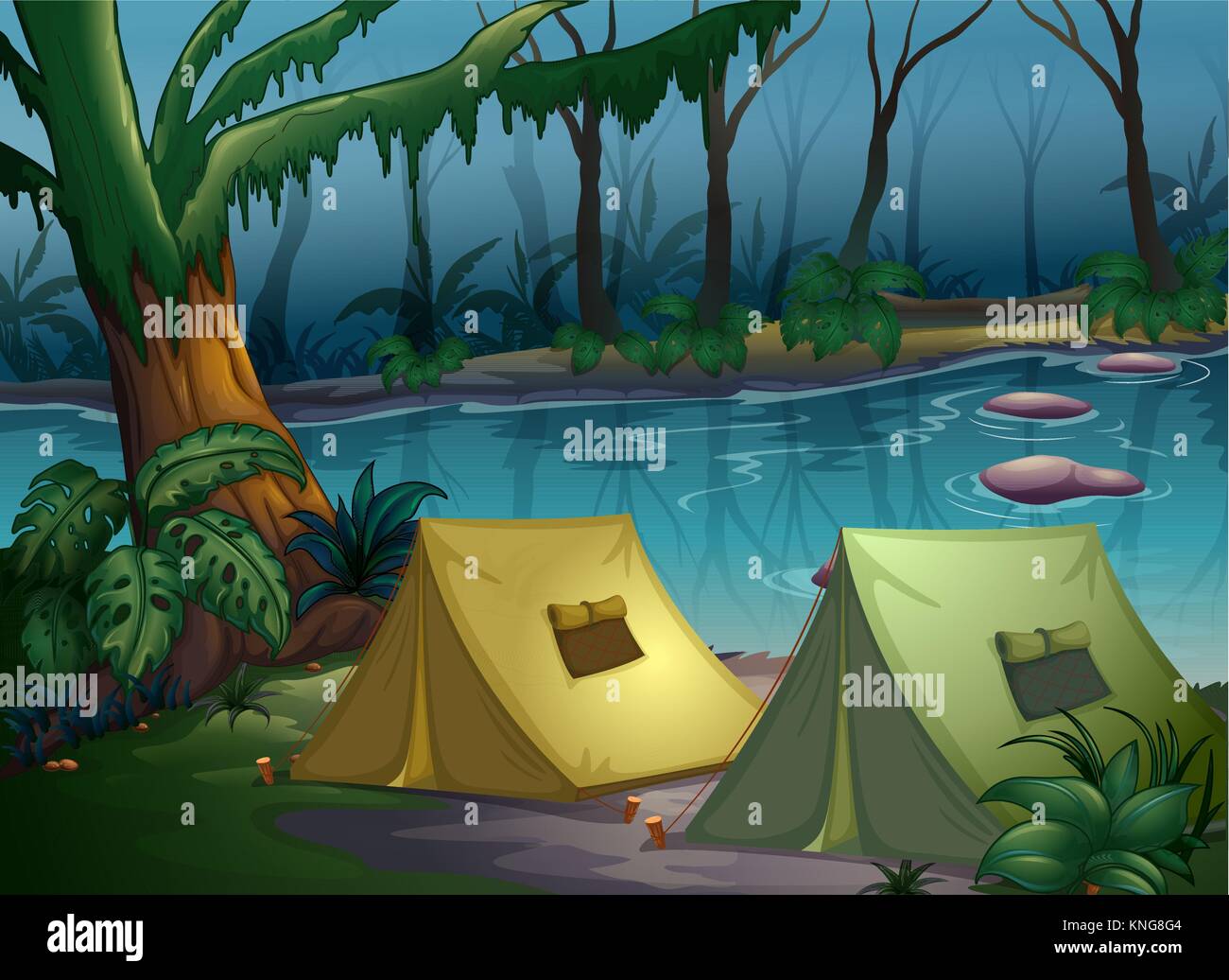 Illustration of a tent camp in the woods near a river Stock Vector ...