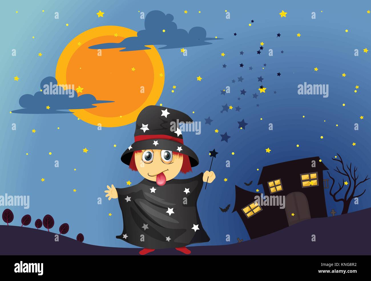 illustration of a wizard in the night Stock Vector