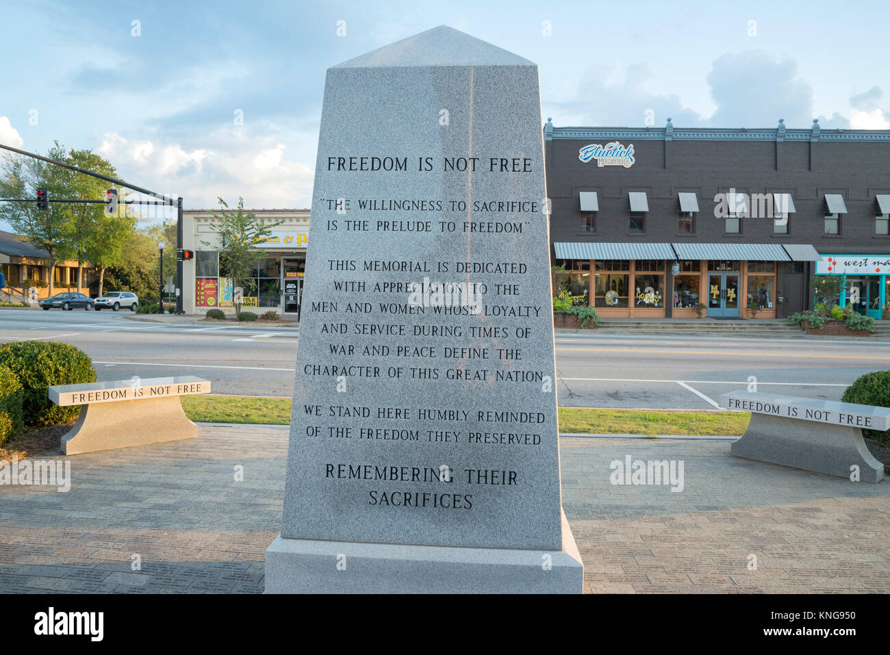 Memorial to Monroe County service members who gave their lives in times of war and peace for freedom is sitting in Courthouse Square in Forsyth, Ga. Stock Photo