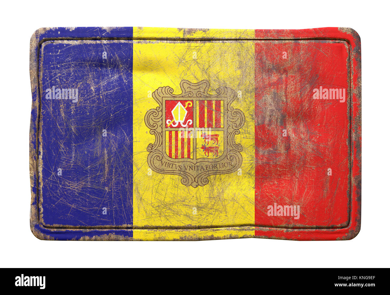 3d rendering of an Andorra flag over a rusty metallic plate. Isolated ...