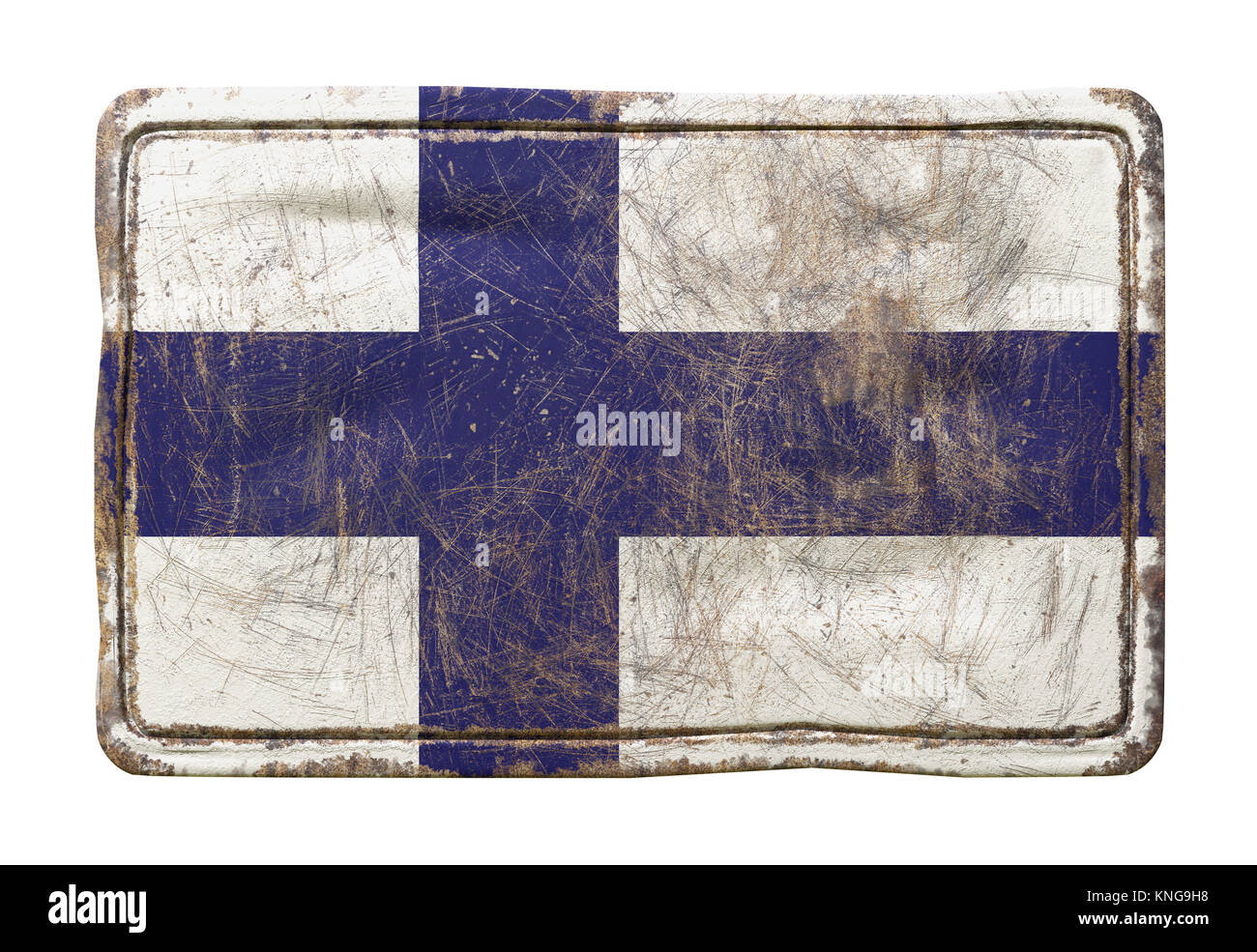 3d rendering of a Finland flag over a rusty metallic plate. Isolated on ...