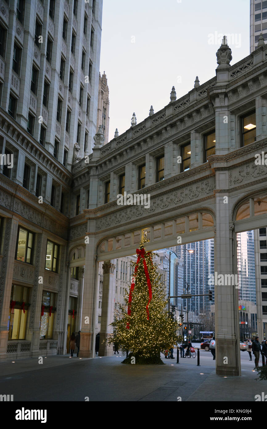 Christmas decorations greet holiday shoppers in the Wrigley Building plaza off Michigan Avenue and Chicago's 'Magnificent Mile.' Stock Photo