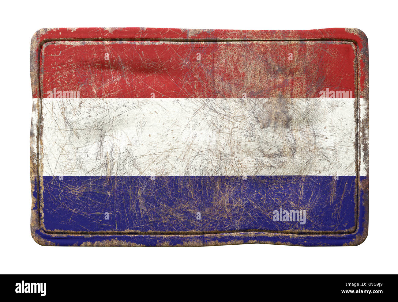 3d rendering of a Holland flag over a rusty metallic plate. Isolated on ...