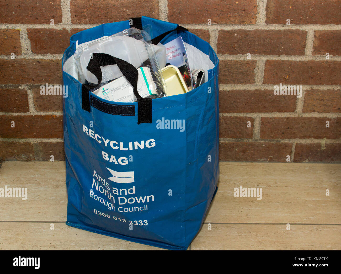 A large recycling bag of recyclable household waste collected in a  pensioners home in Bangor County Down in Northern Ireland over a few days  only Stock Photo - Alamy