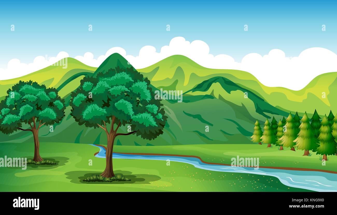 Illustration of a river and a beautiful landscape Stock Vector Image ...