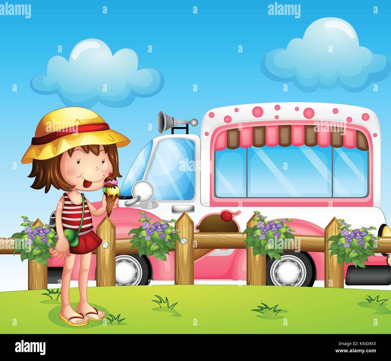 Illustration of a little girl and the ice cream bus Stock Vector