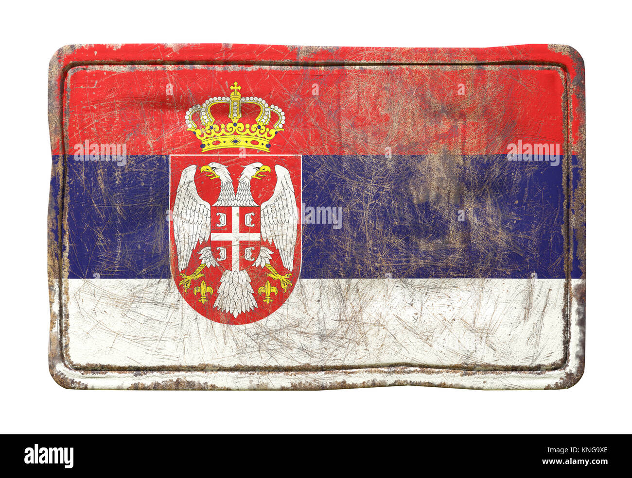 3d rendering of a Serbia flag over a rusty metallic plate. Isolated on white background. Stock Photo