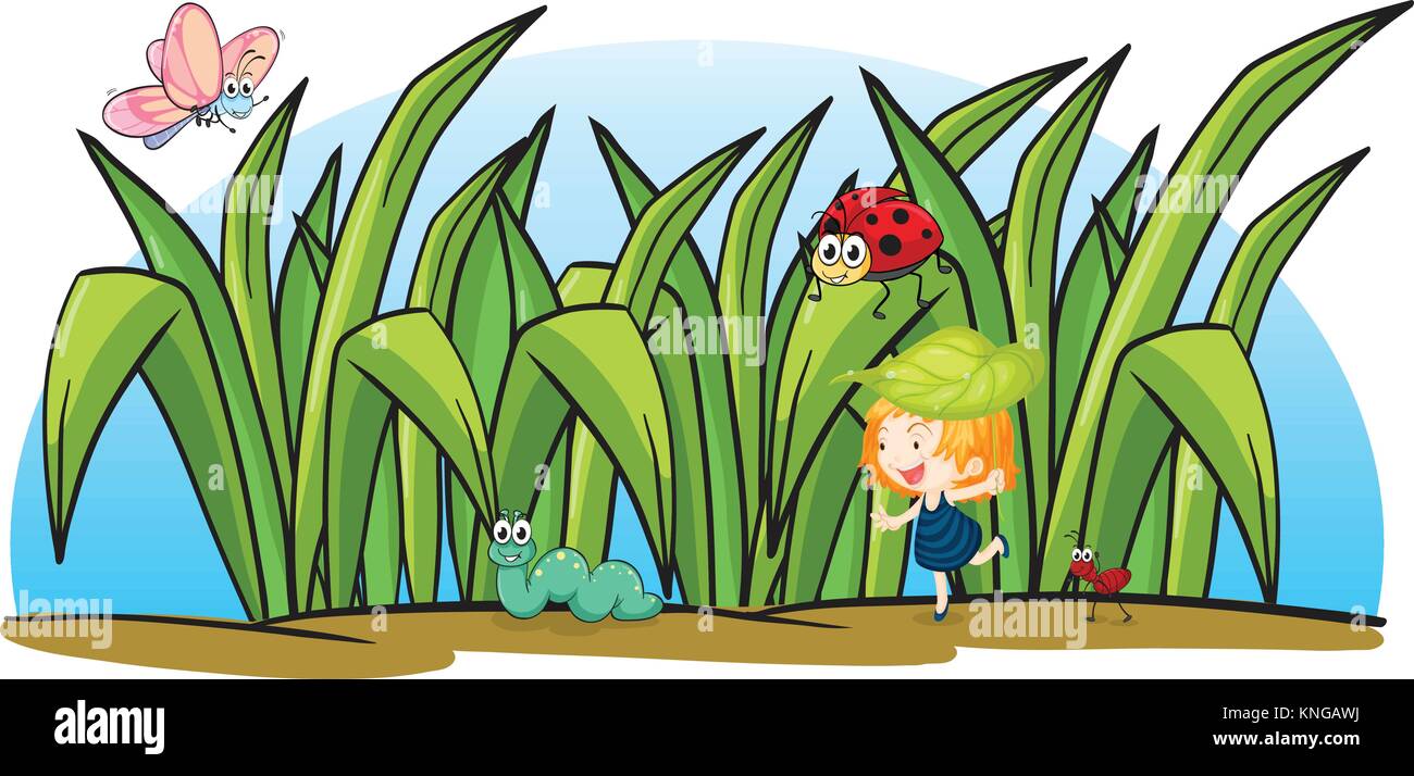 illustration of various insects and a girl on a white background Stock ...