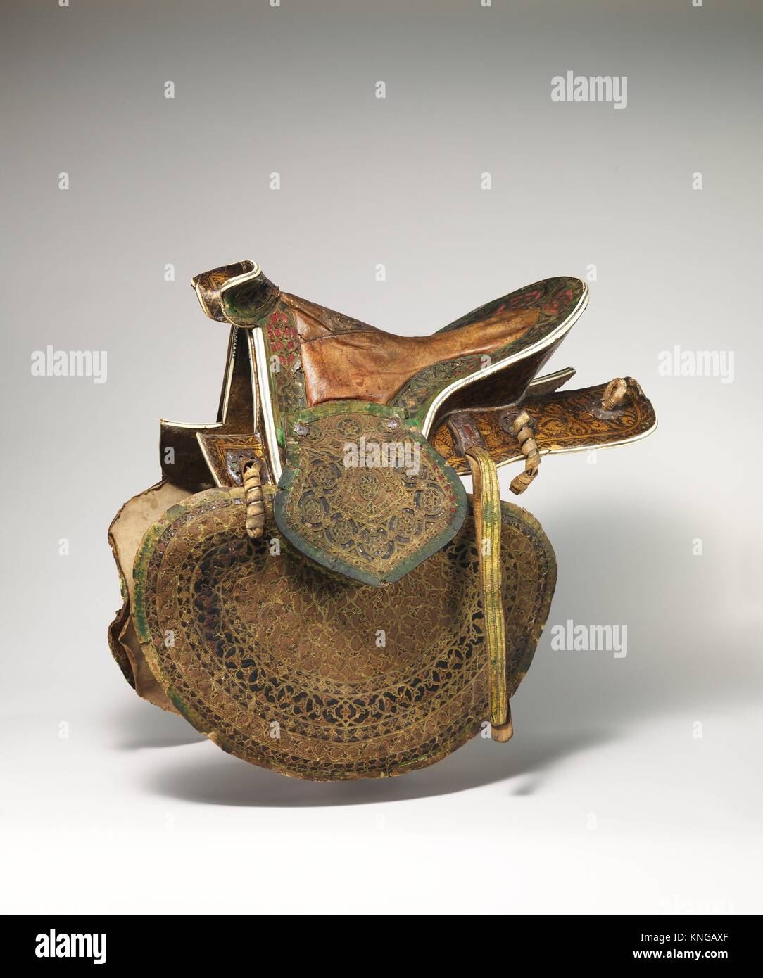 Saddle. Date: late 16th-17th century; Culture: Turkish; Medium: Wood, bone (staghorn), bark, leather, textile, iron, pigment; Dimensions: H. 22 3/4 Stock Photo