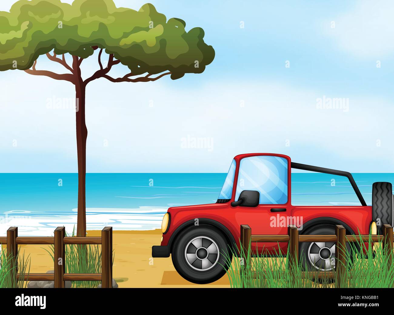 Illustration of a red jeepney at the beach Stock Vector