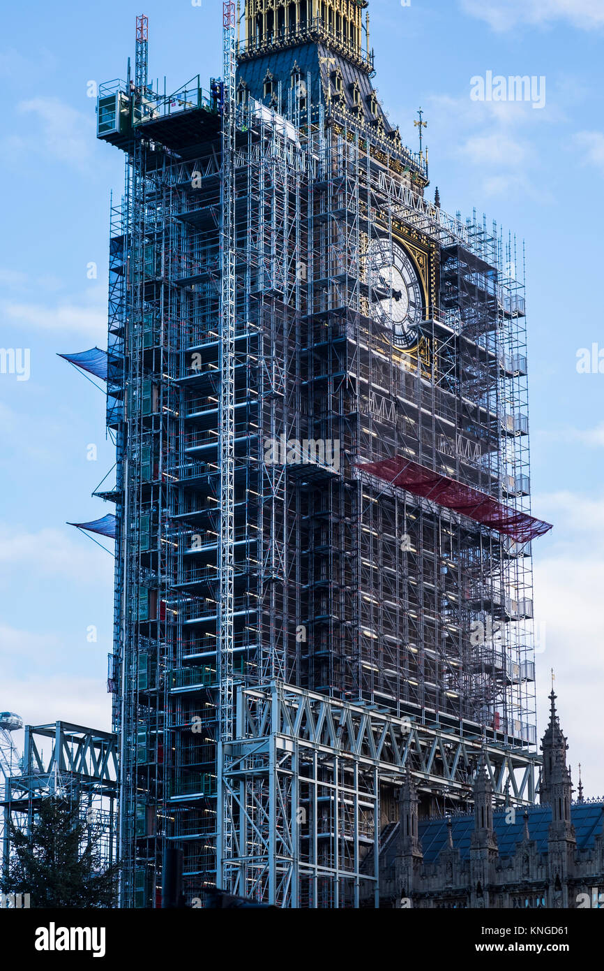 Elizabeth Tower covered in scaffolding during conservation works at the Palace of Westminster, London, England, U.K. Stock Photo