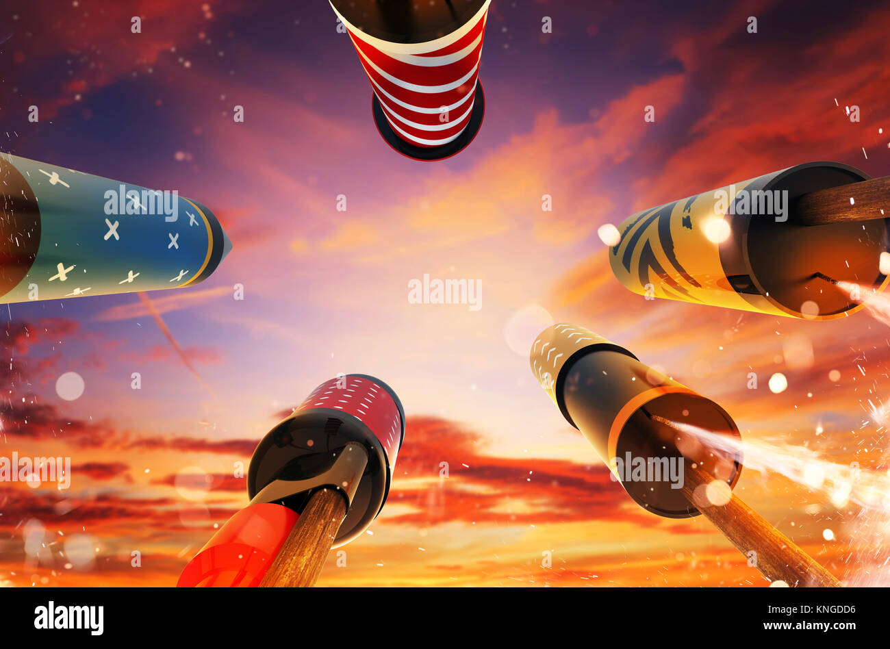 Bottom view of fireworks rockets launching into the sky, free space for ...