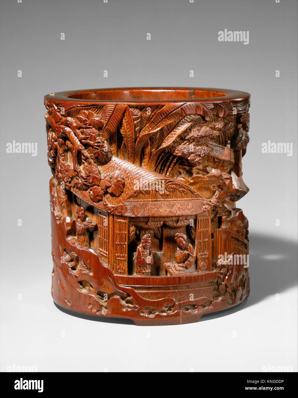 Brush holder with garden scene. Period: Ming dynasty (1368-1644); Date: 17th century; Culture: China; Medium: Bamboo; Dimensions: H. 6 5/16 in. (16 Stock Photo