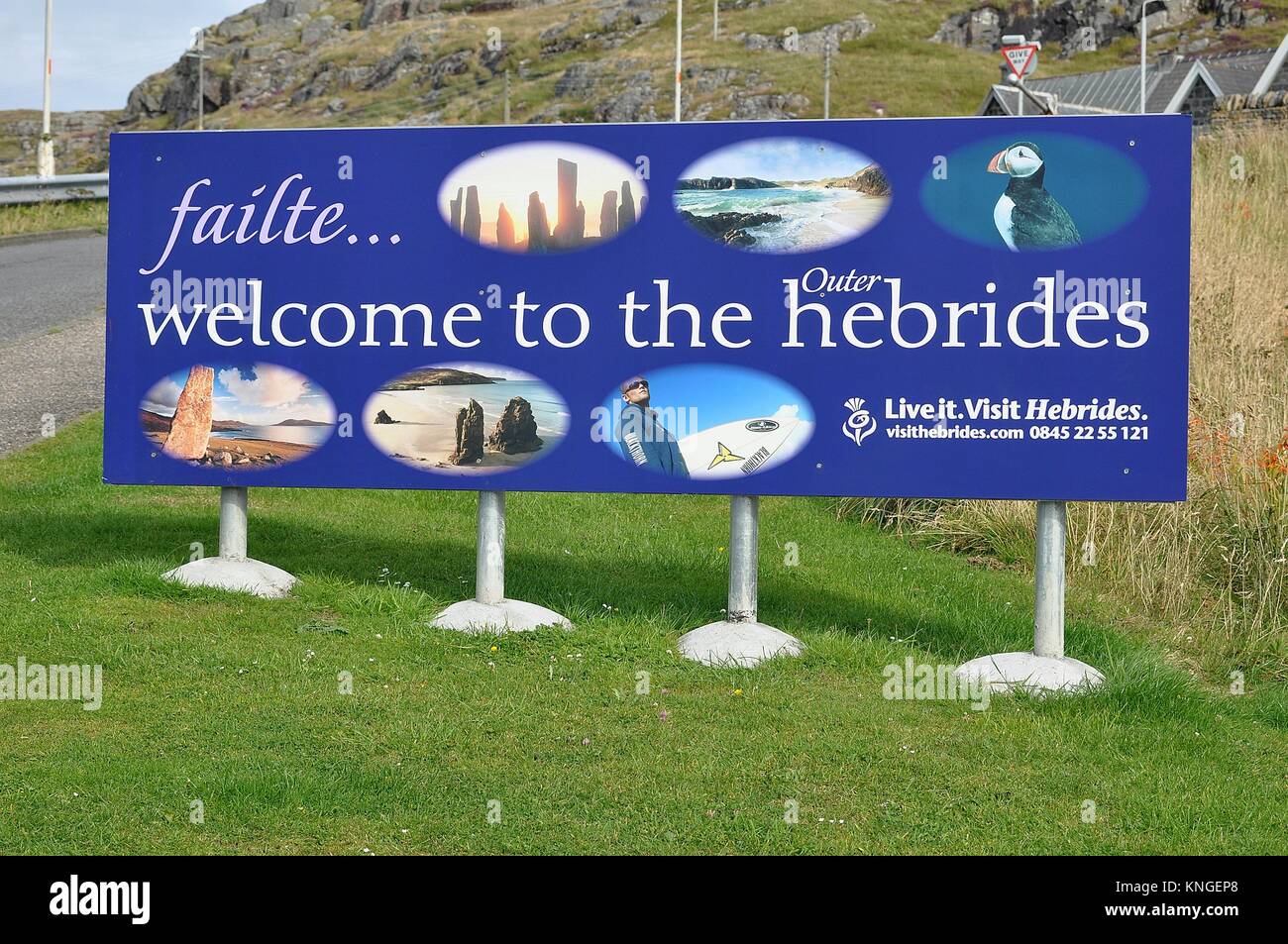 'WELCOME TO THE HEBRIDES' SIGN IN BARRA. Stock Photo