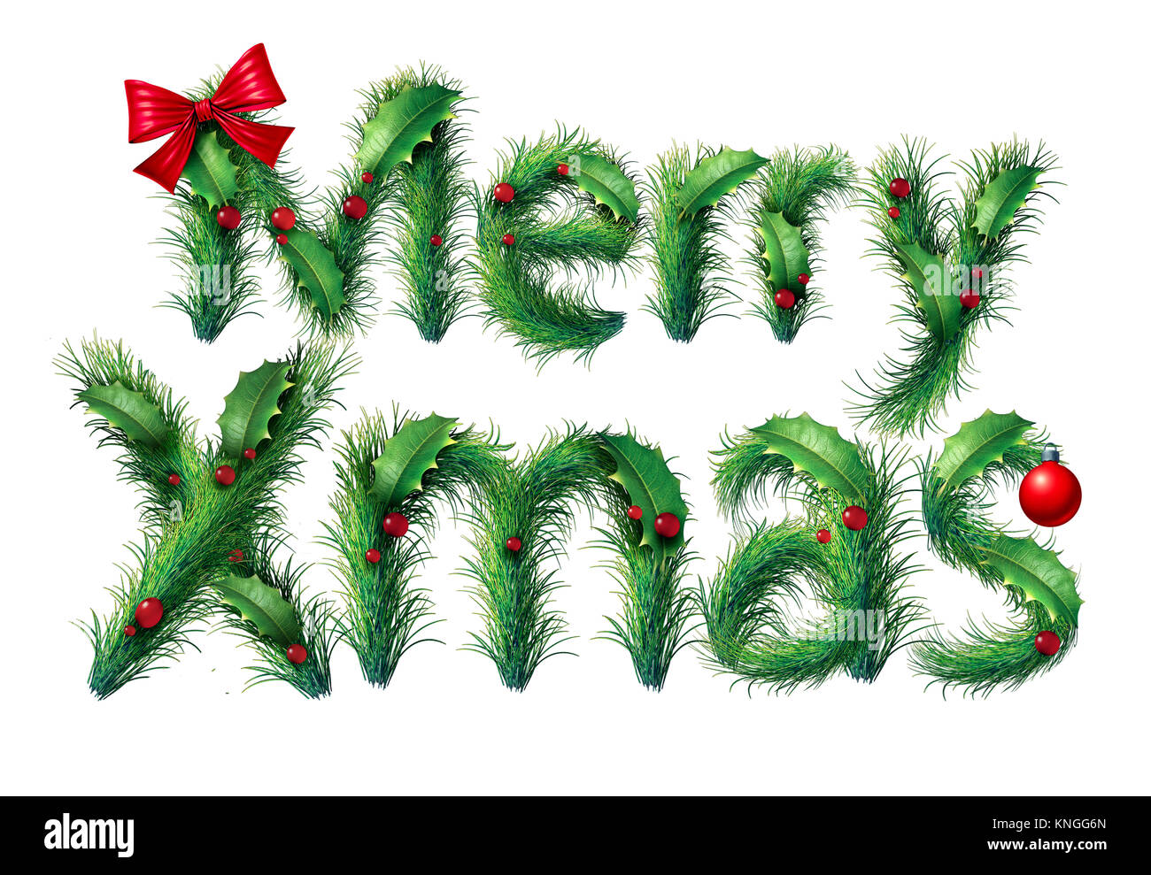 Merry xmas and Christmas text as a winter seasonal holiday symbol with lettering made out of ornaments and season decoratrions isolated. Stock Photo