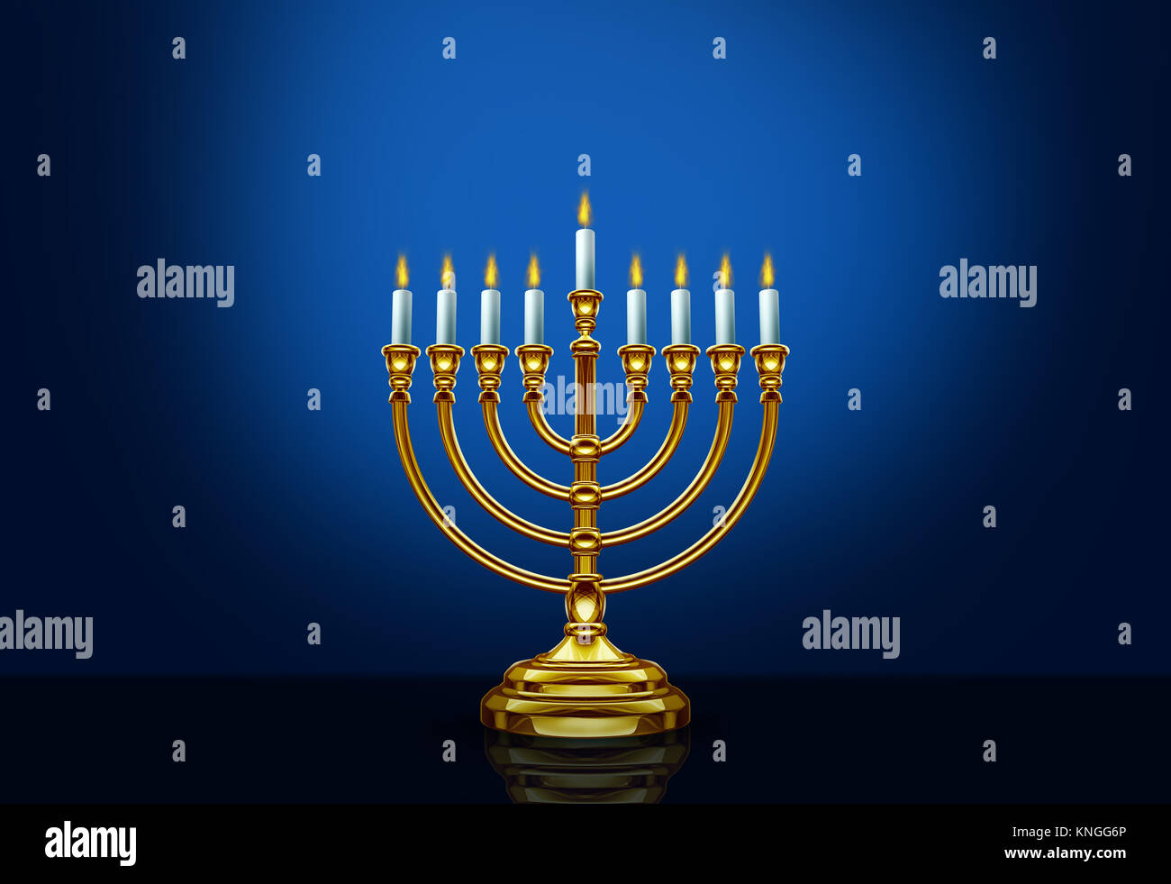 Happy Hanukkah menorah seasonal traditional faith symbol on a blue background as a 3D illustration. Stock Photo