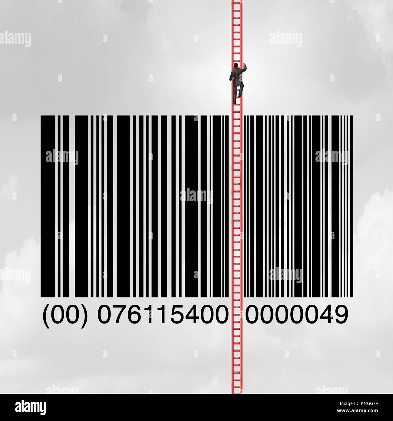 Retail sales solution as a consumer and cutomer or executive climbing a ladder on a upc code barcode as a symbol for commerce. Stock Photo