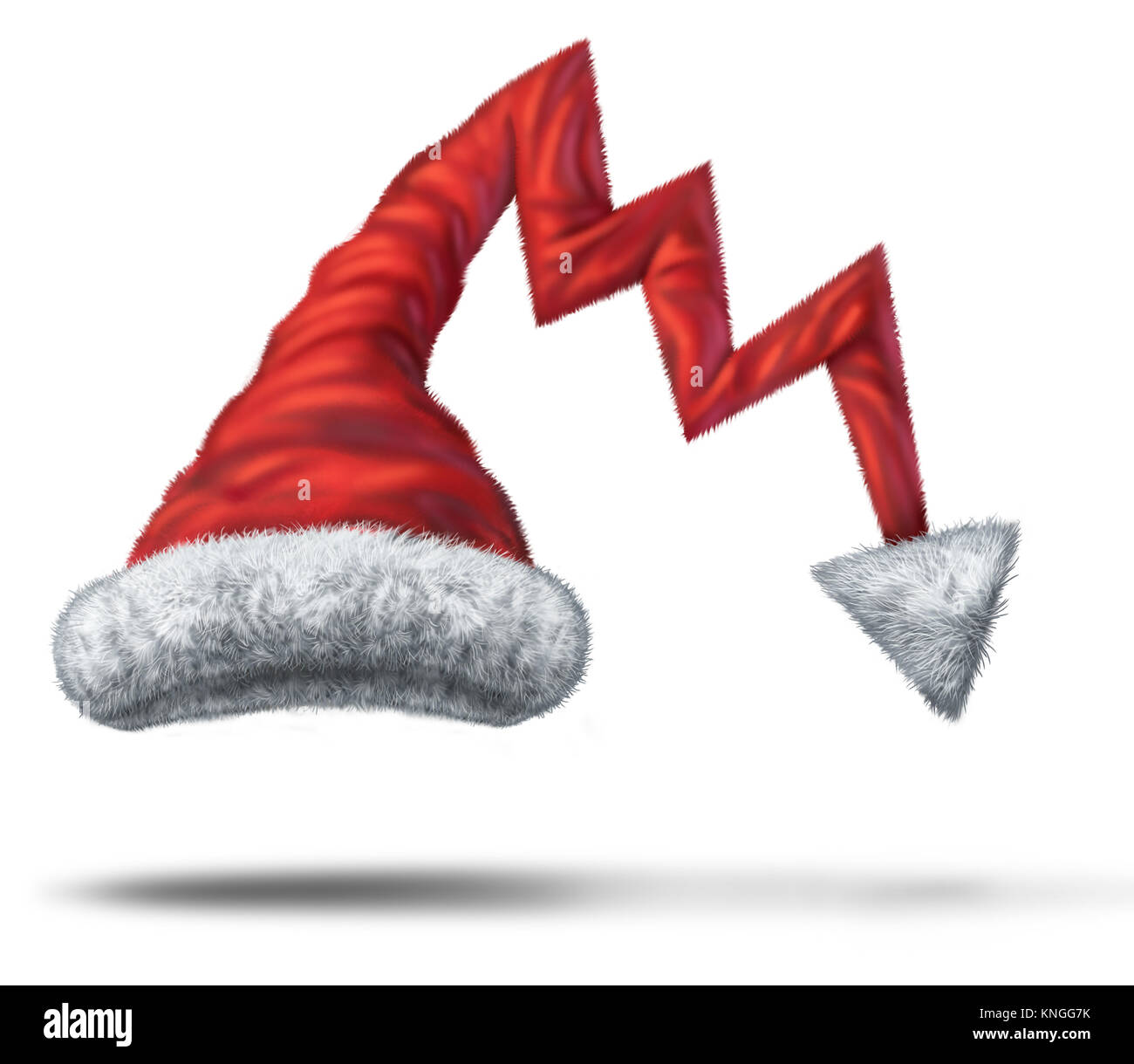 Holiday debt and christmas financial loss business concept as a santa claus hat shaped as a downward finance chart arrow in a 3D illlustration style. Stock Photo