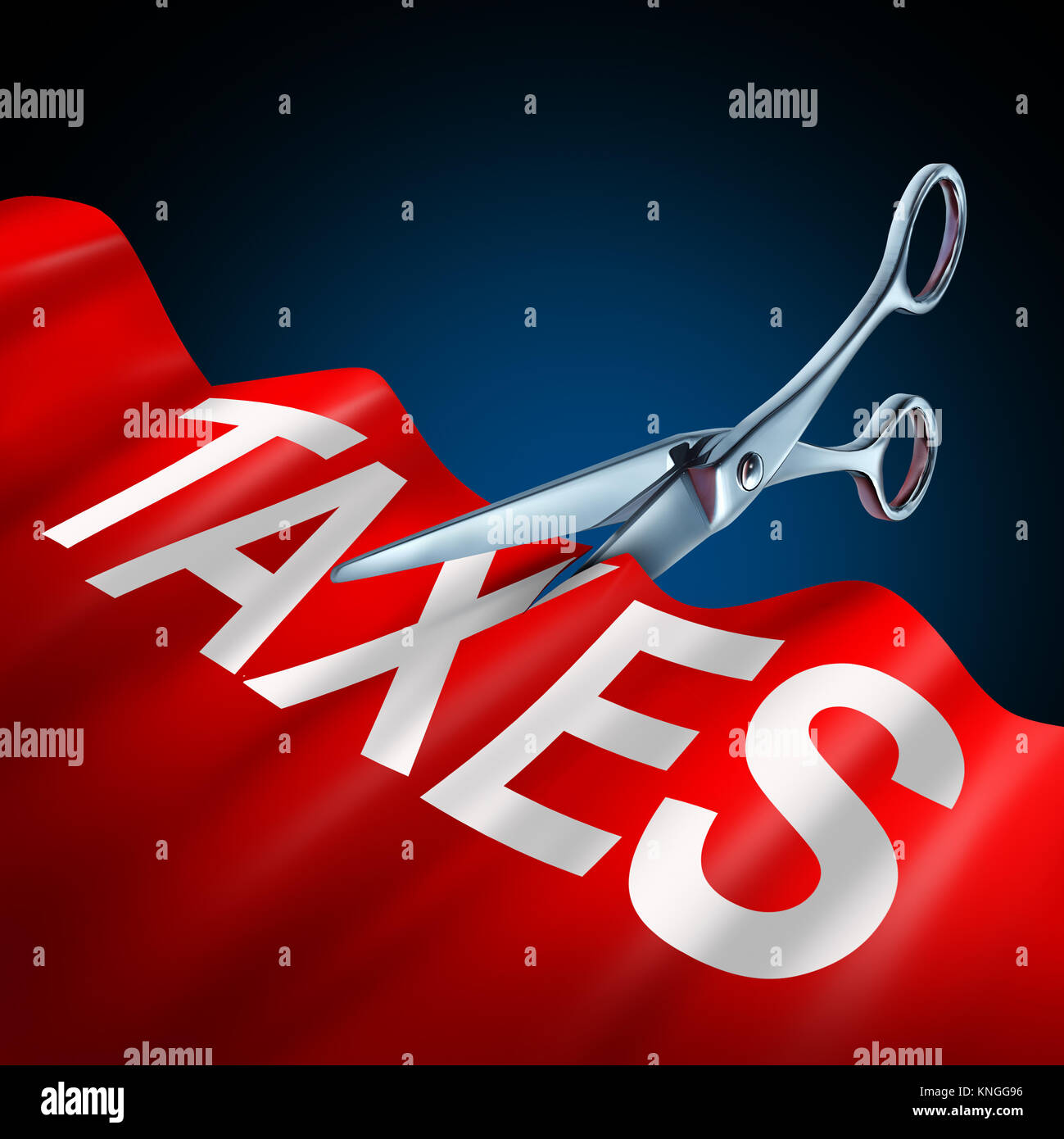Tax cuts and cut taxes economic and finance concept as a new government bill or legislation law to lower income taxation as a 3D illustration. Stock Photo